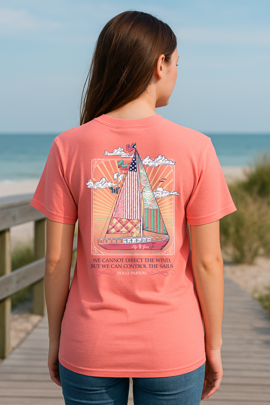 Direct the Wind Sailboat- Dolly Quote with Preppy Pattern T-Shirt