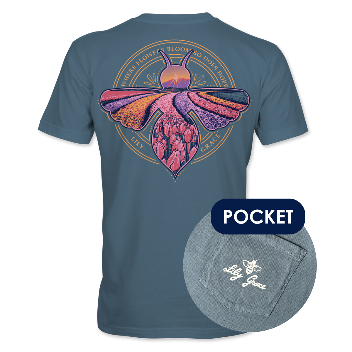 Lily Grace "Where Flowers Bloom" Preppy Pocket Tee – Slate
