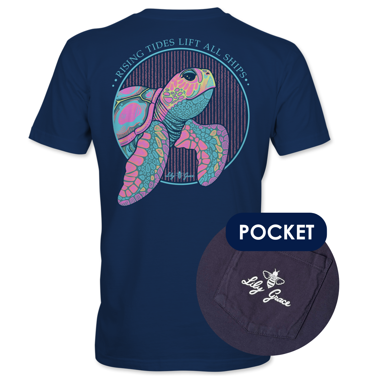 Lily Grace "Rising Tides Turtle" Preppy Pocket Tee – Navy