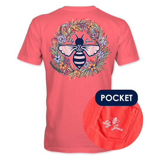 Lily Grace "Spring Bee Wreath" Preppy Pocket Tee – Coral