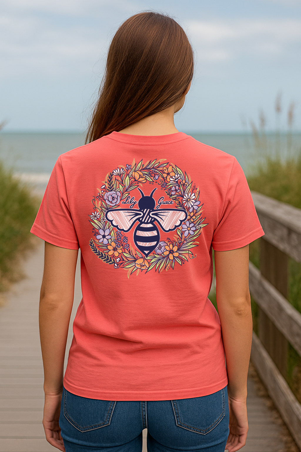 Lily Grace "Spring Bee Wreath" Preppy Pocket Tee – Coral