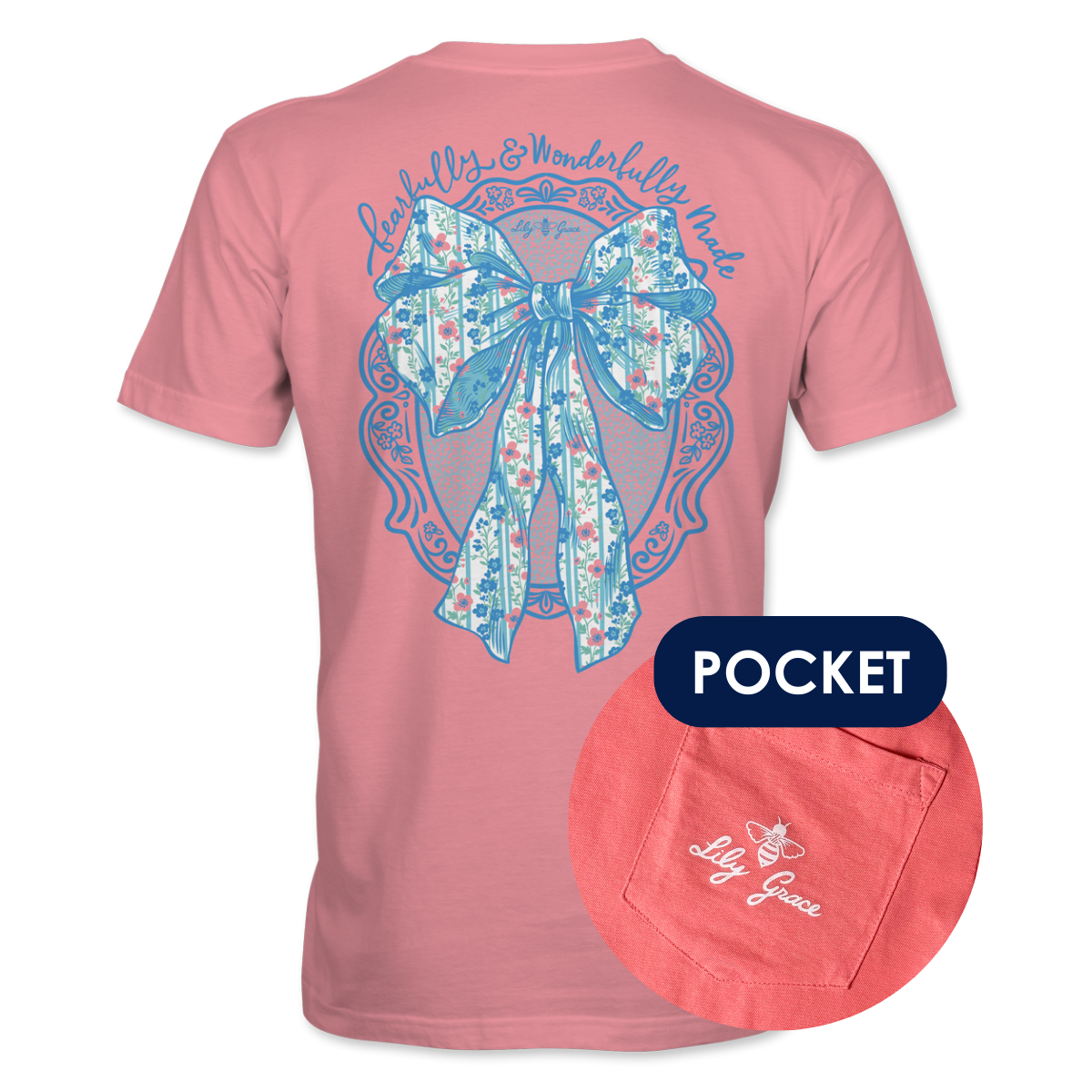 Fearfully & Wonderfully Made Bow Pocket Tee – Lily Grace | Pink