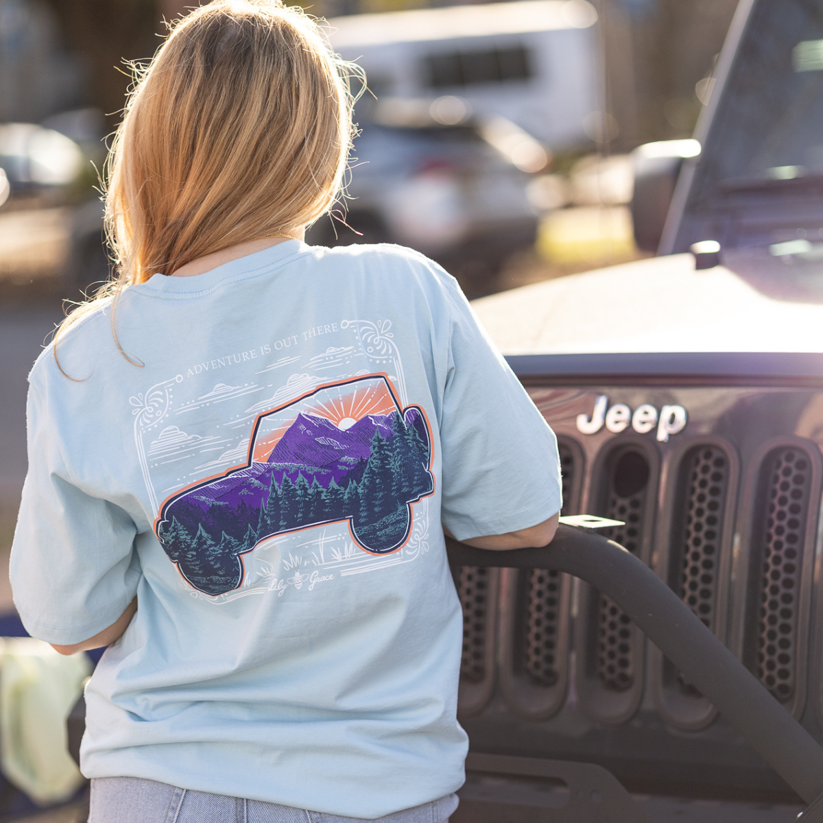 Mountain Scene Jeep- Forest Sunrise T-Shirt