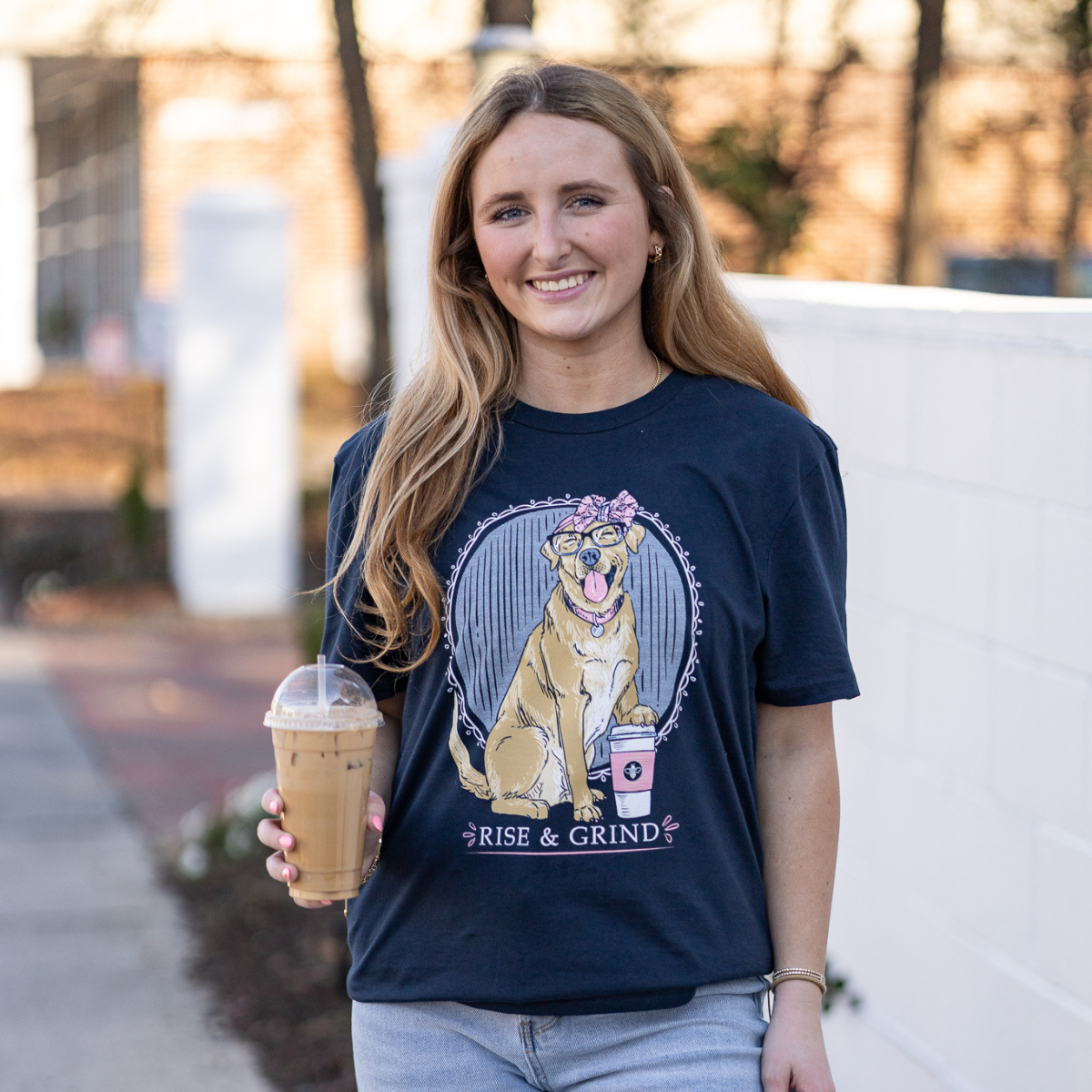 Rise & Grind- Golden Retriever and Coffee FRONT PRINT T-Shirt
