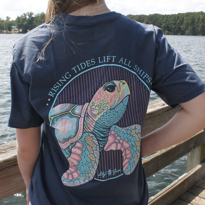 Lily Grace "Rising Tides Turtle" Preppy Pocket Tee – Navy