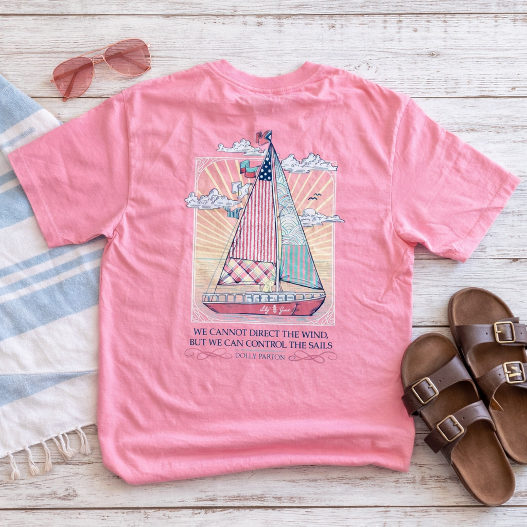 Direct the Wind Sailboat- Dolly Quote with Preppy Pattern T-Shirt