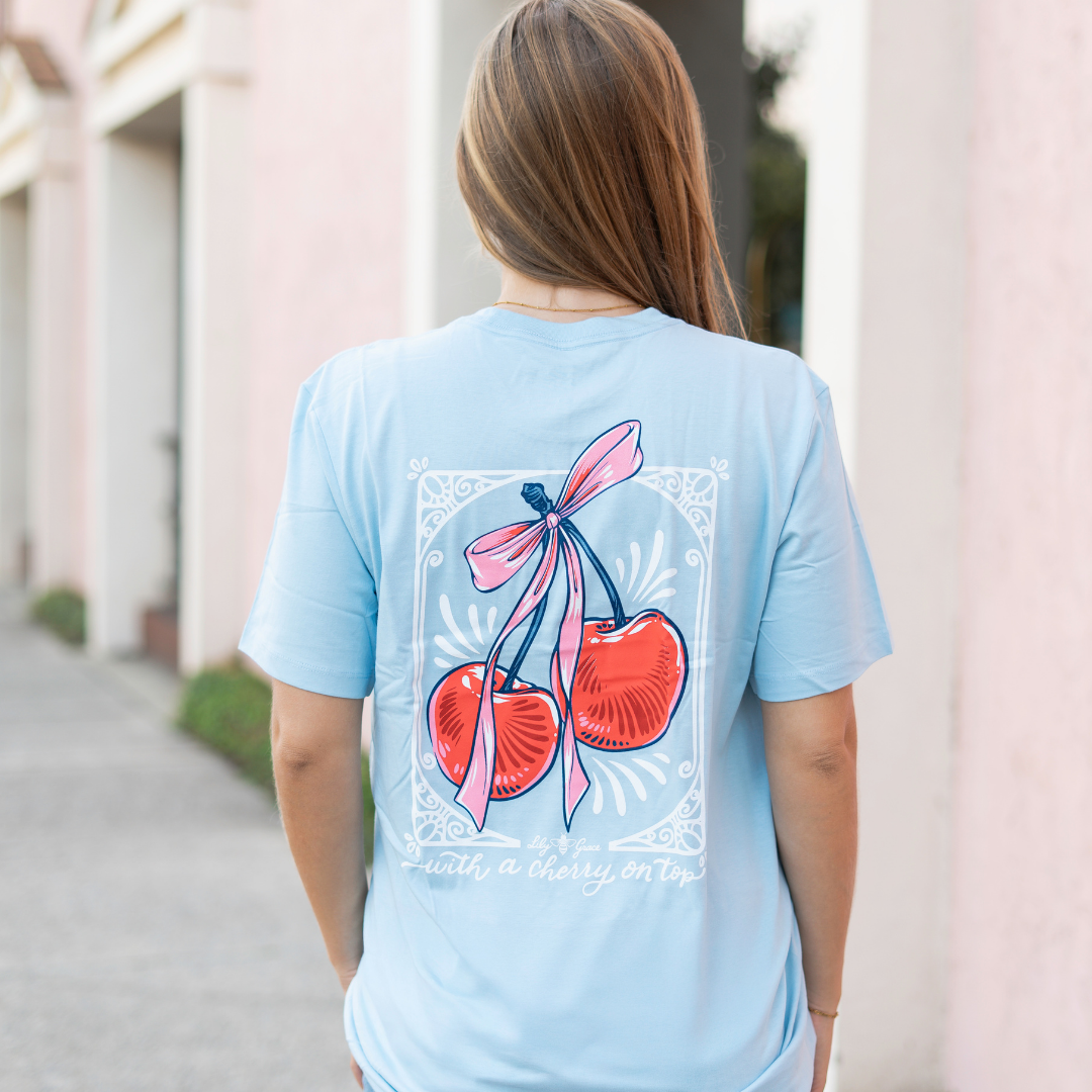 Lily Grace "With a Cherry on Top" Preppy Pocket Tee – Chambray