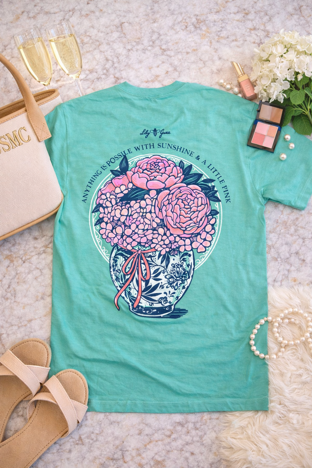 Lily Grace "Sunshine & A Little Pink" Preppy Pocket Tee – Mint