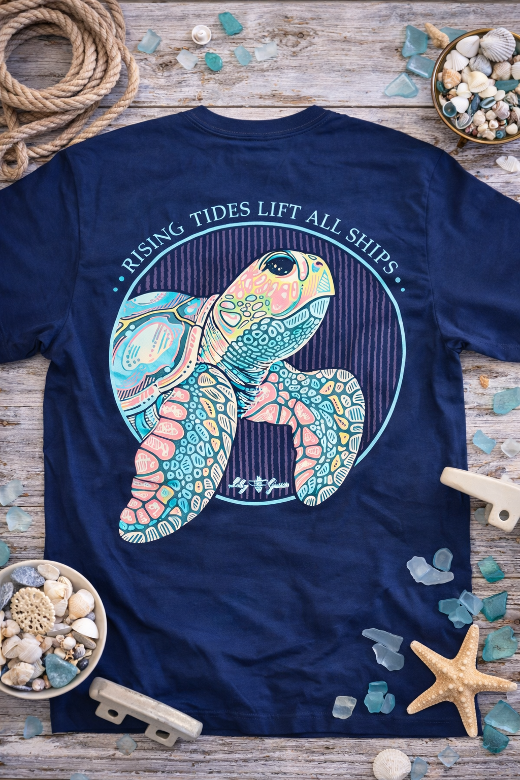 Lily Grace "Rising Tides Turtle" Preppy Pocket Tee – Navy