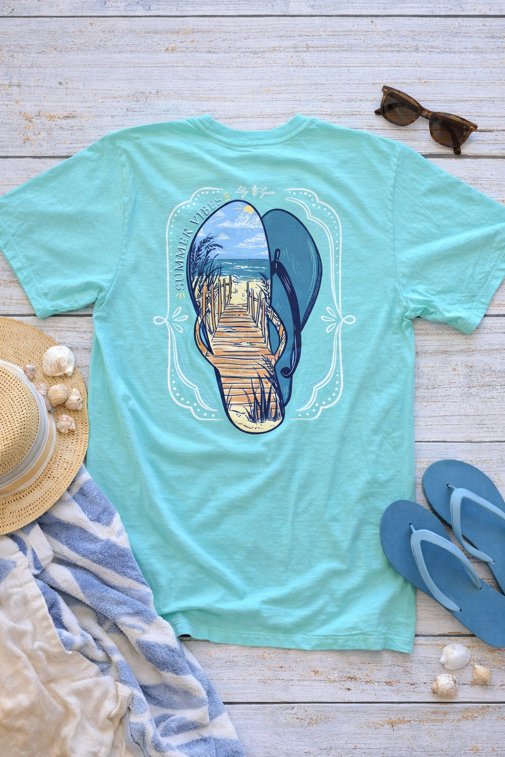 Summer Vibes- Flip Flops and Beach Scene T-Shirt
