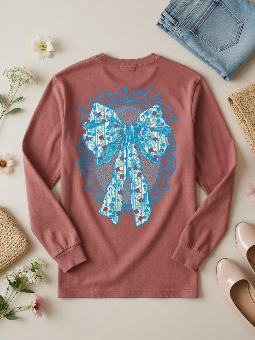 A dusty rose long-sleeve t-shirt with a large blue bow graphic on the back, styled in a flat lay with jeans, shoes, and flowers on a light beige background.