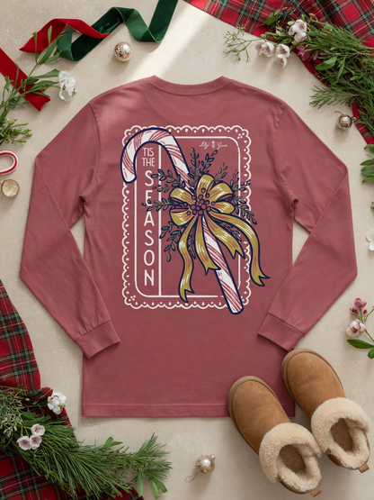 'Tis the Season Candy Cane Bow Long Sleeve Tee