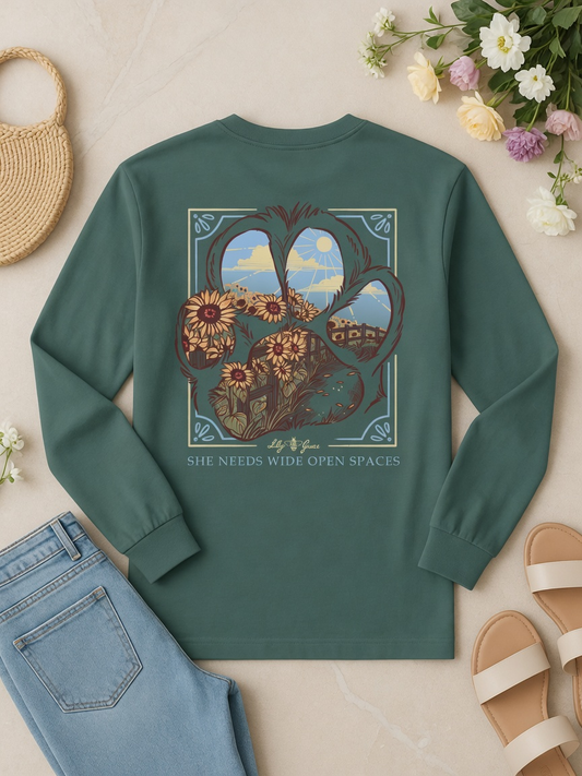 She Needs Wide Open Spaces Paw Print Long Sleeve Tee