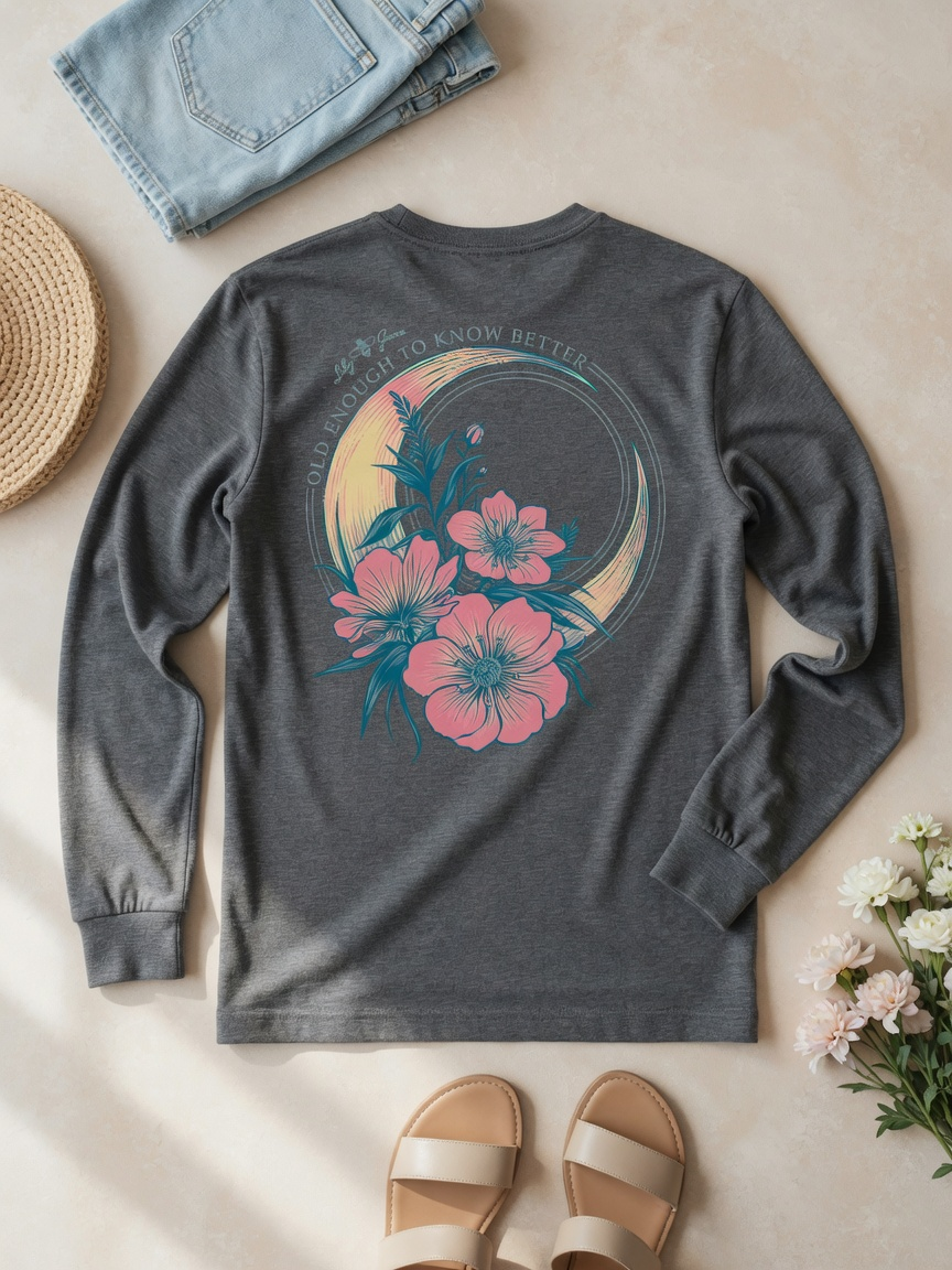 Old Enough to Know Better Floral Moon Long Sleeve Tee