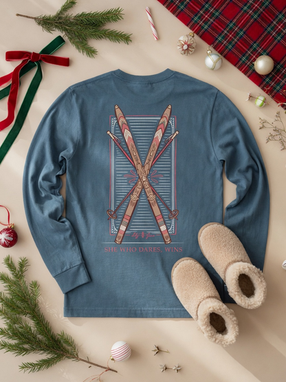 She Who Dares, Wins Vintage Skis Long Sleeve Tee