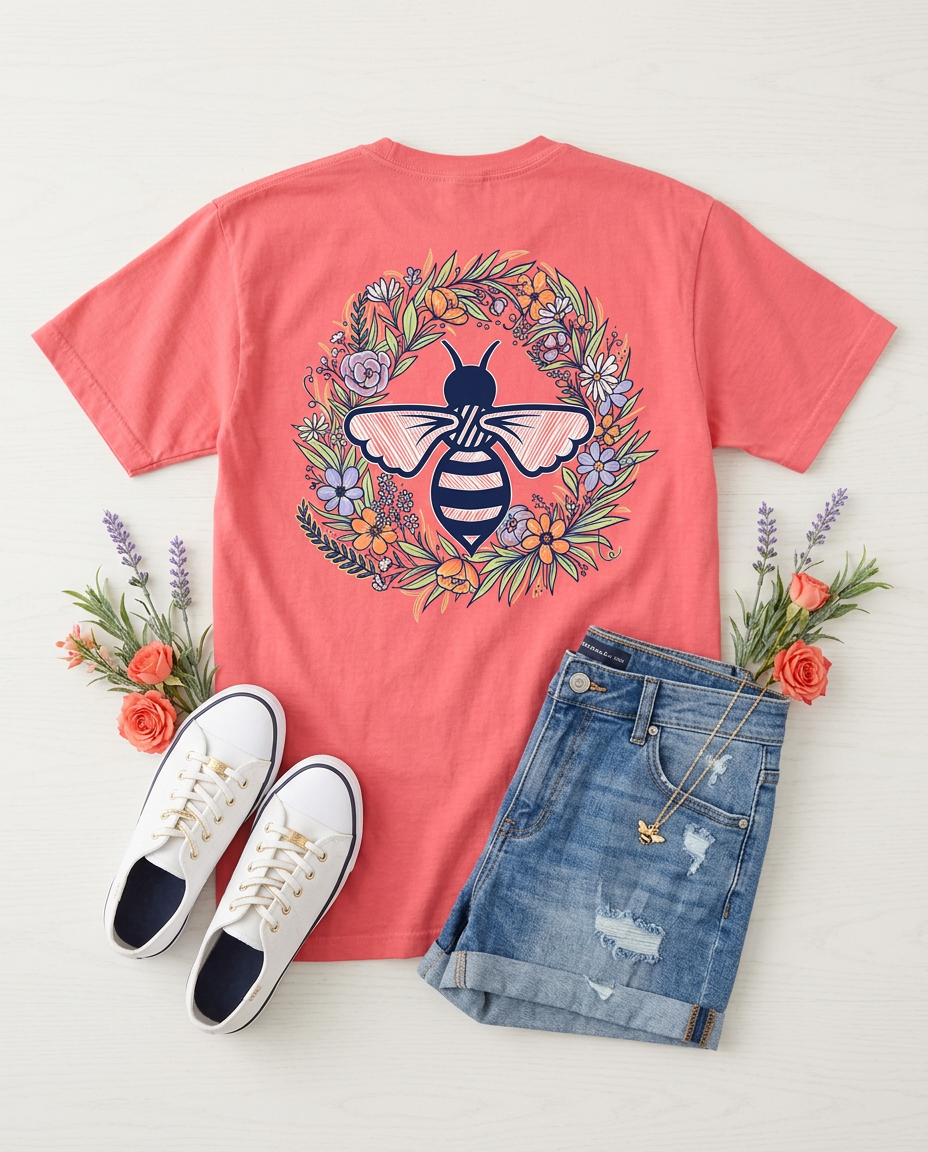 Lily Grace "Spring Bee Wreath" Preppy Pocket Tee – Coral