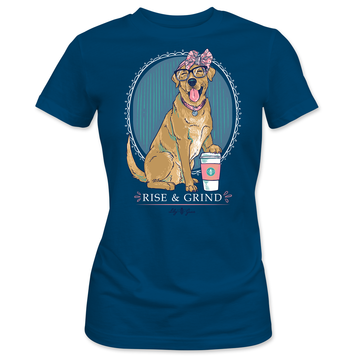 Rise & Grind- Golden Retriever and Coffee FRONT PRINT T-Shirt